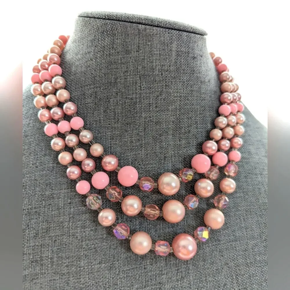 Vintage Japan Bubble Gum Barbie Pink AB Crystal Triple Strand Necklace